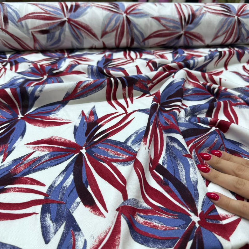 İthal Viskon Kumaş %100 Pamuk Çift En Büyük Çiçek Desen Bordo-Mavi Renk