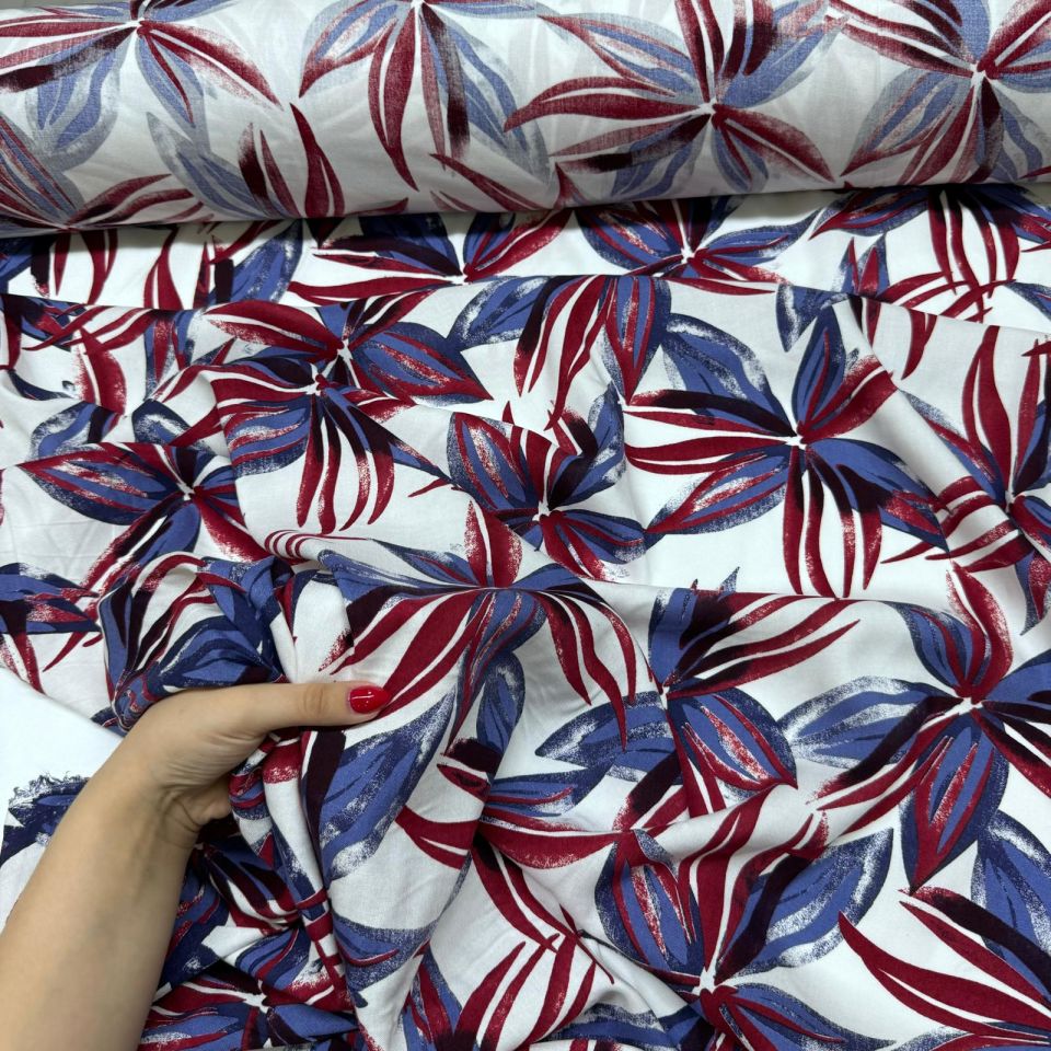 İthal Viskon Kumaş %100 Pamuk Çift En Büyük Çiçek Desen Bordo-Mavi Renk