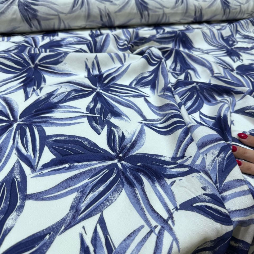 İthal Viskon Kumaş %100 Pamuk Çift En Büyük Çiçek Desen Lacivert Renk