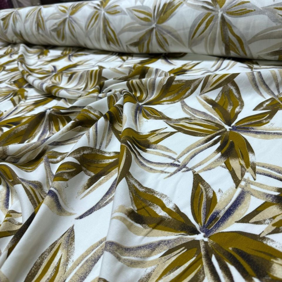 İthal Viskon Kumaş %100 Pamuk Çift En Büyük Çiçek Desen Hardal Renk