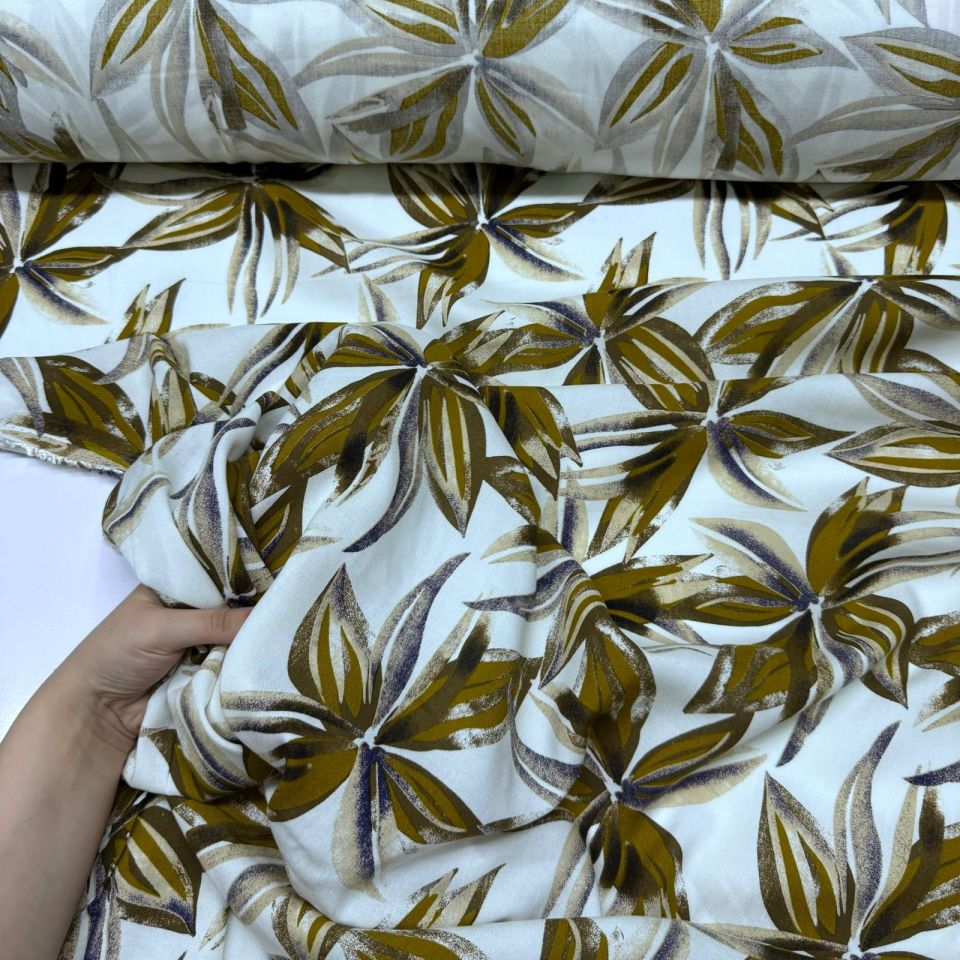 İthal Viskon Kumaş %100 Pamuk Çift En Büyük Çiçek Desen Hardal Renk