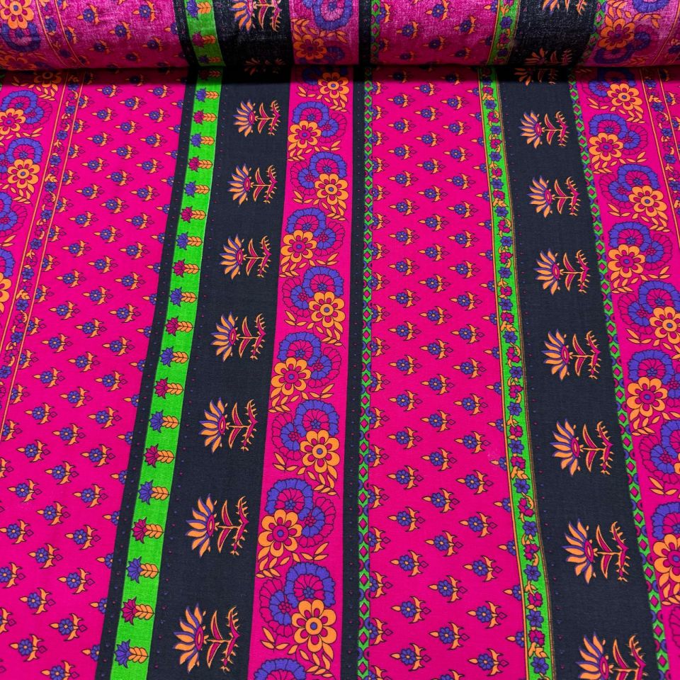 İthal Viskon Kumaş %100 Pamuk Çift En Koyu Pembe Yeşil Renkli Çiçek ve Etnik Desen