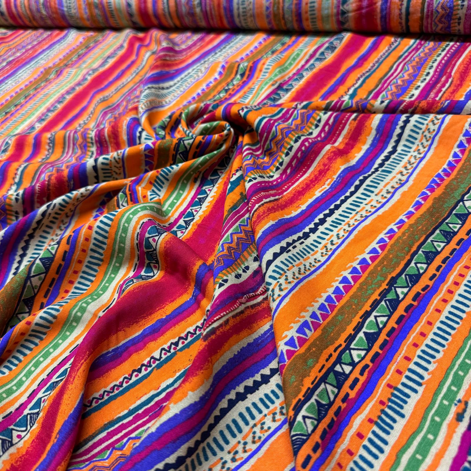 İthal Viskon Kumaş %100 Pamuk Çift En Boyuna Kilim Desenli Çok Renkli