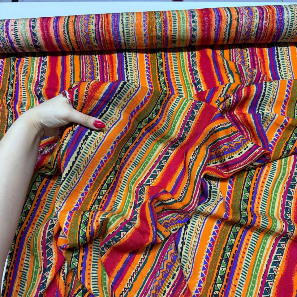 İthal Viskon Kumaş %100 Pamuk Çift En Boyuna Kilim Desenli Çok Renkli