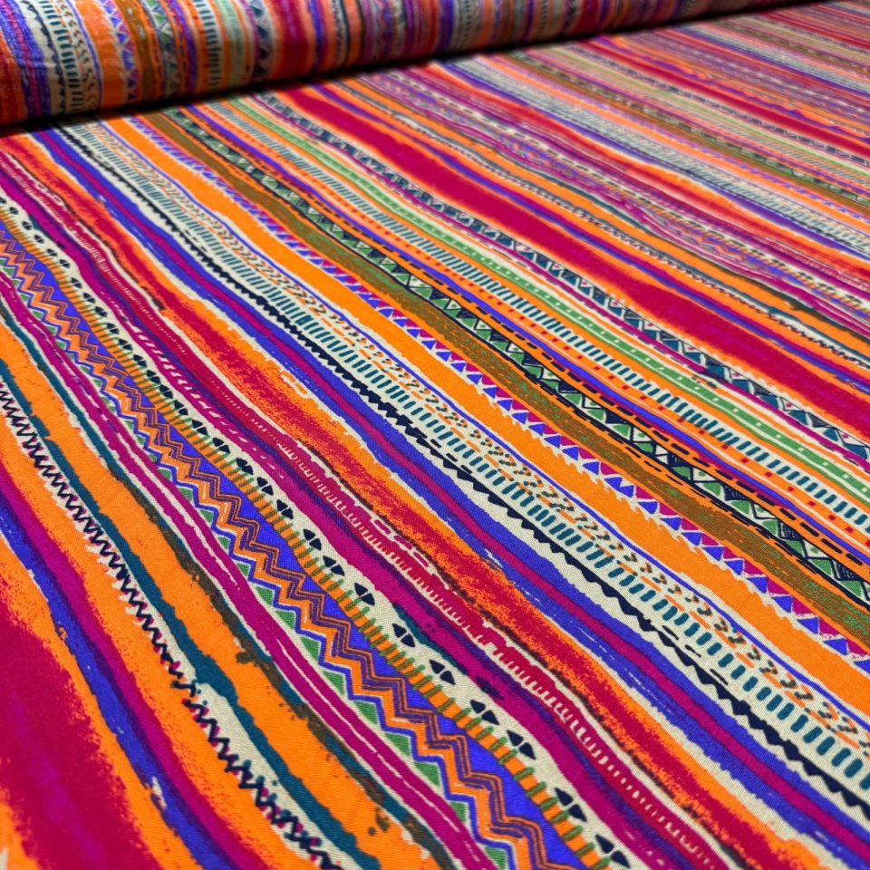 İthal Viskon Kumaş %100 Pamuk Çift En Boyuna Kilim Desenli Çok Renkli