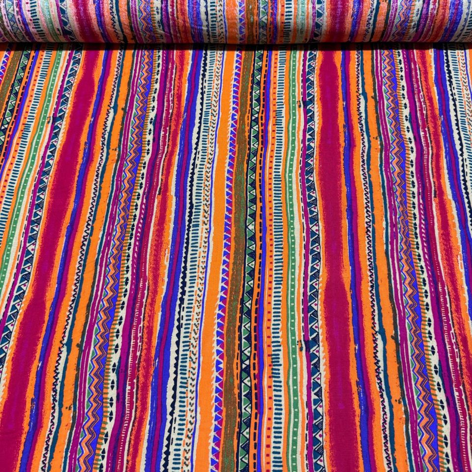 İthal Viskon Kumaş %100 Pamuk Çift En Boyuna Kilim Desenli Çok Renkli