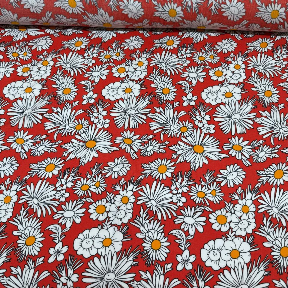 İthal Viskon Kumaş %100 Pamuk Çift En Kırmızı Papatya Desenli