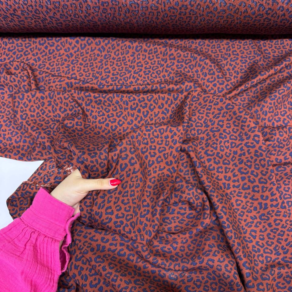 thal Viskon Kumaş %100 Pamuk Çift En Bordo Leopar Desenli