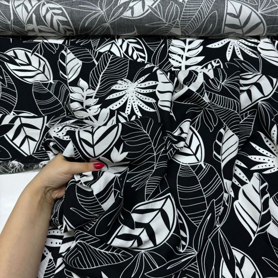 İthal Viskon Kumaş %100 Pamuk Çift En Siyah Beyaz Yaprak Desenli