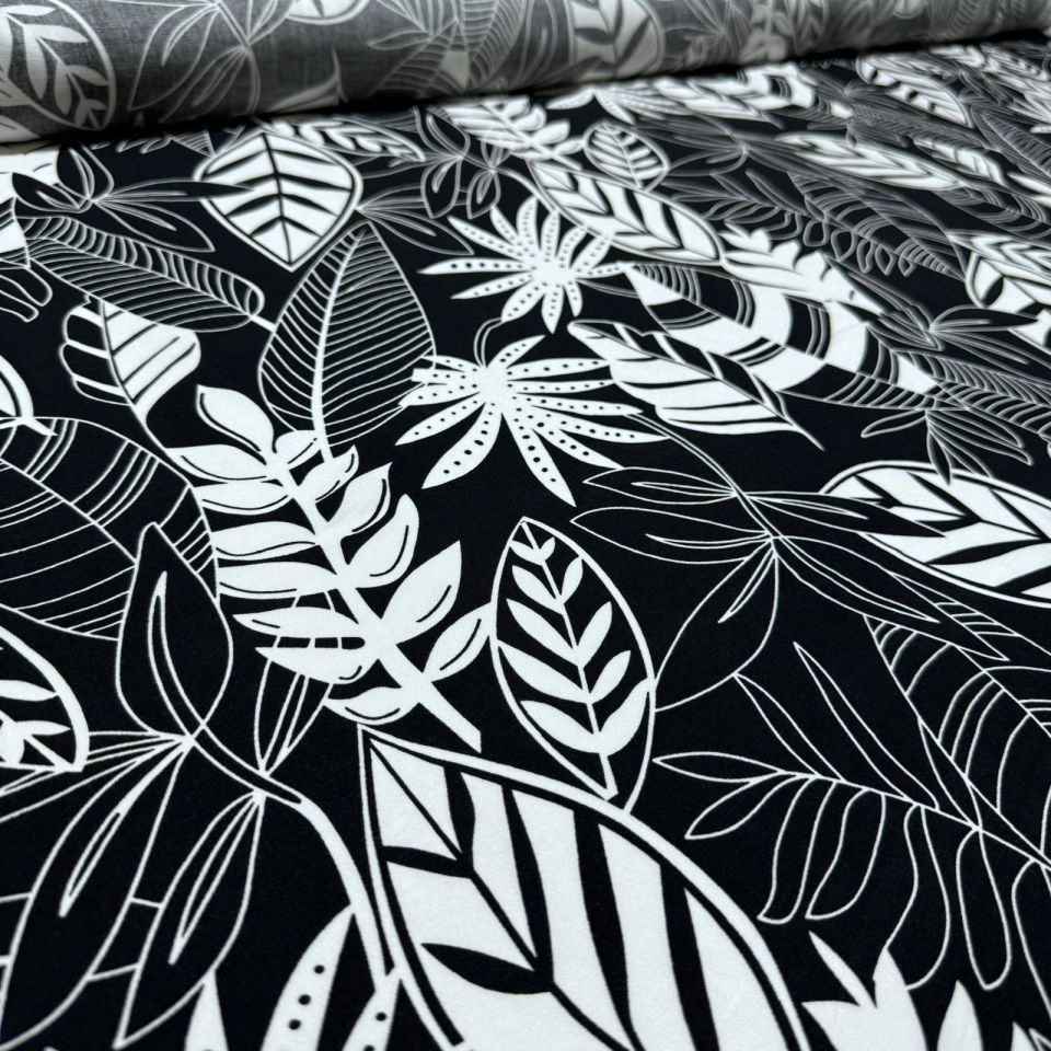 İthal Viskon Kumaş %100 Pamuk Çift En Siyah Beyaz Yaprak Desenli