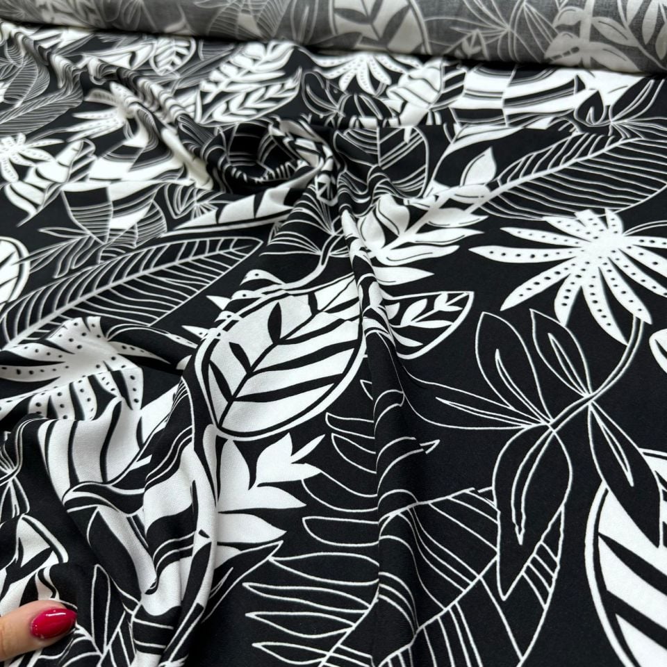 İthal Viskon Kumaş %100 Pamuk Çift En Siyah Beyaz Yaprak Desenli