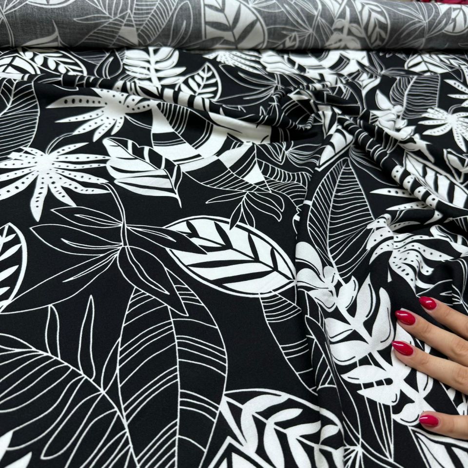 İthal Viskon Kumaş %100 Pamuk Çift En Siyah Beyaz Yaprak Desenli