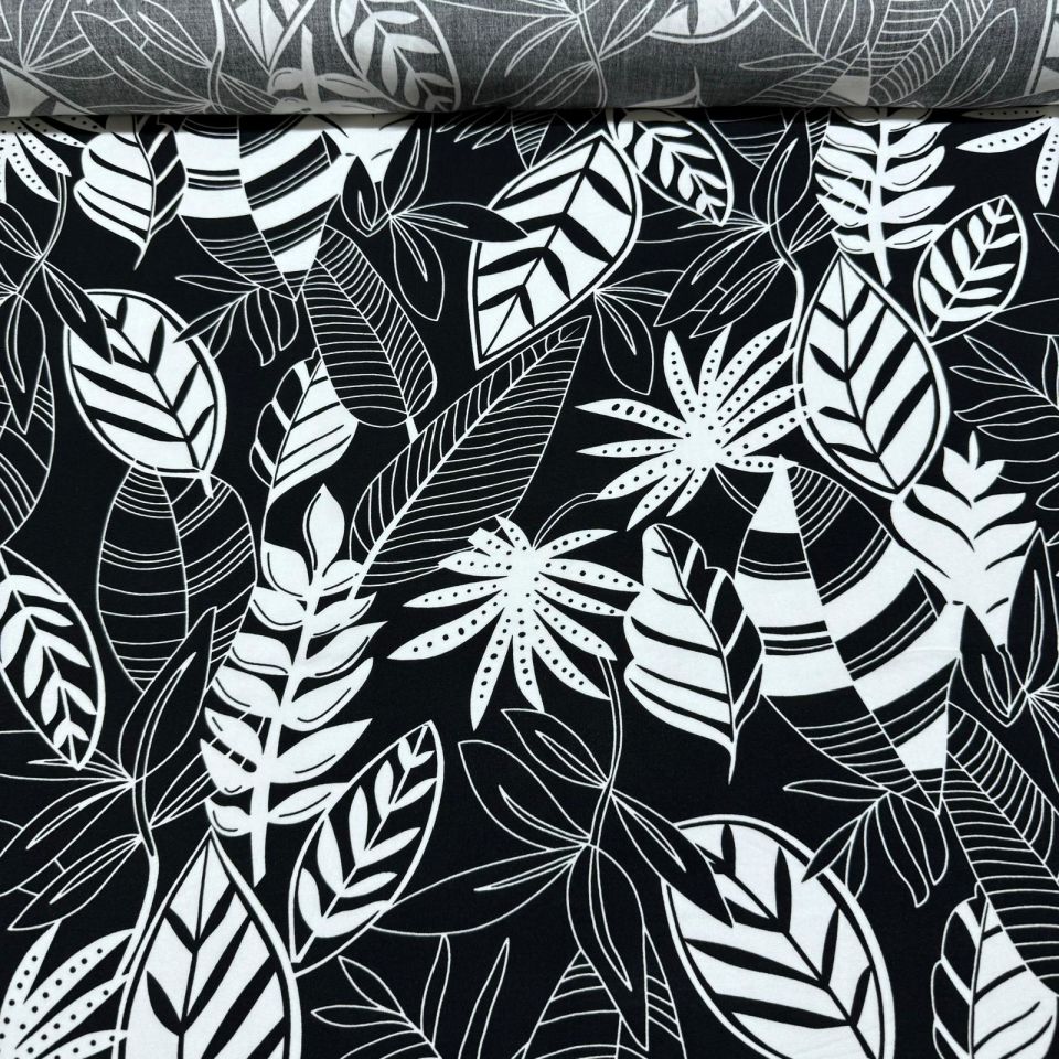 İthal Viskon Kumaş %100 Pamuk Çift En Siyah Beyaz Yaprak Desenli