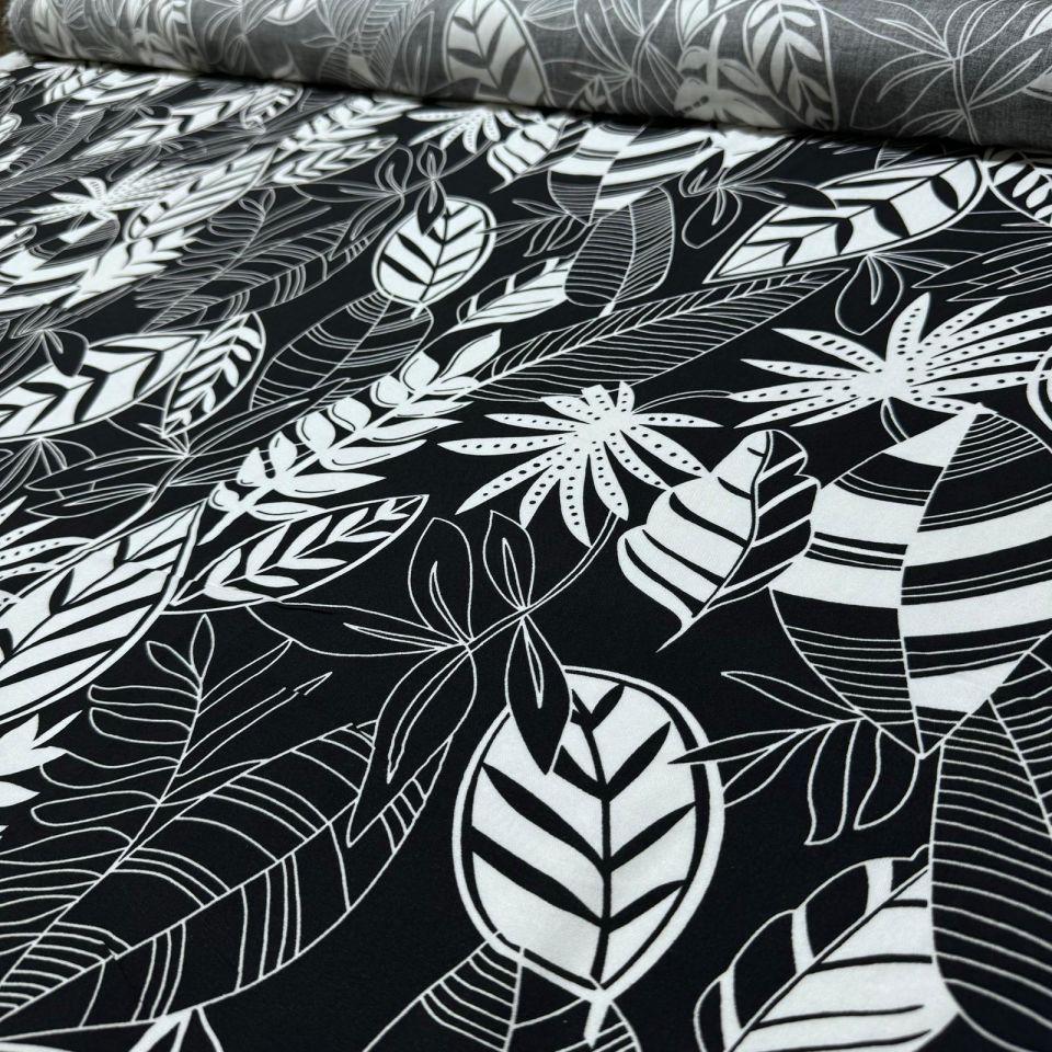 İthal Viskon Kumaş %100 Pamuk Çift En Siyah Beyaz Yaprak Desenli