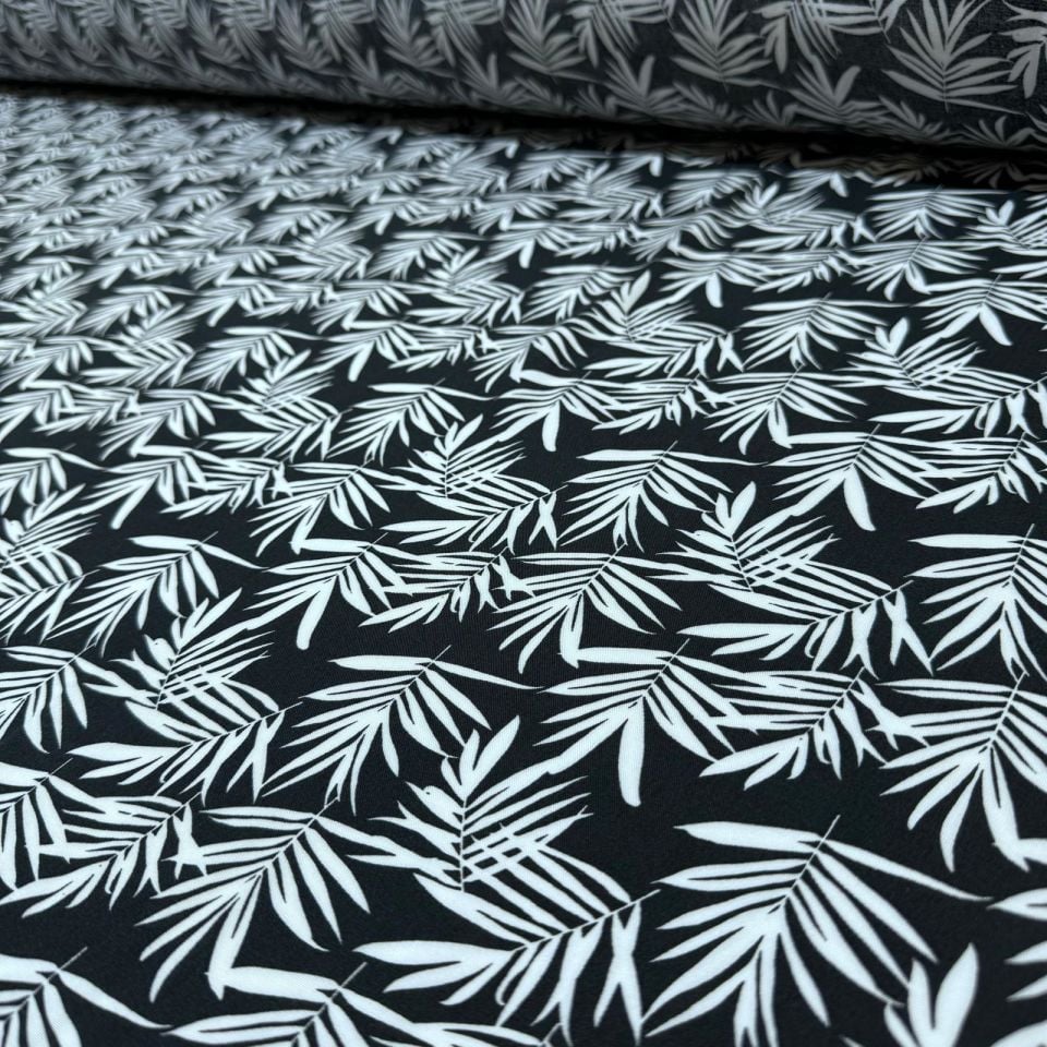 İthal Viskon Kumaş %100 Pamuk Çift En Yaprak Desenli Siyah Renk