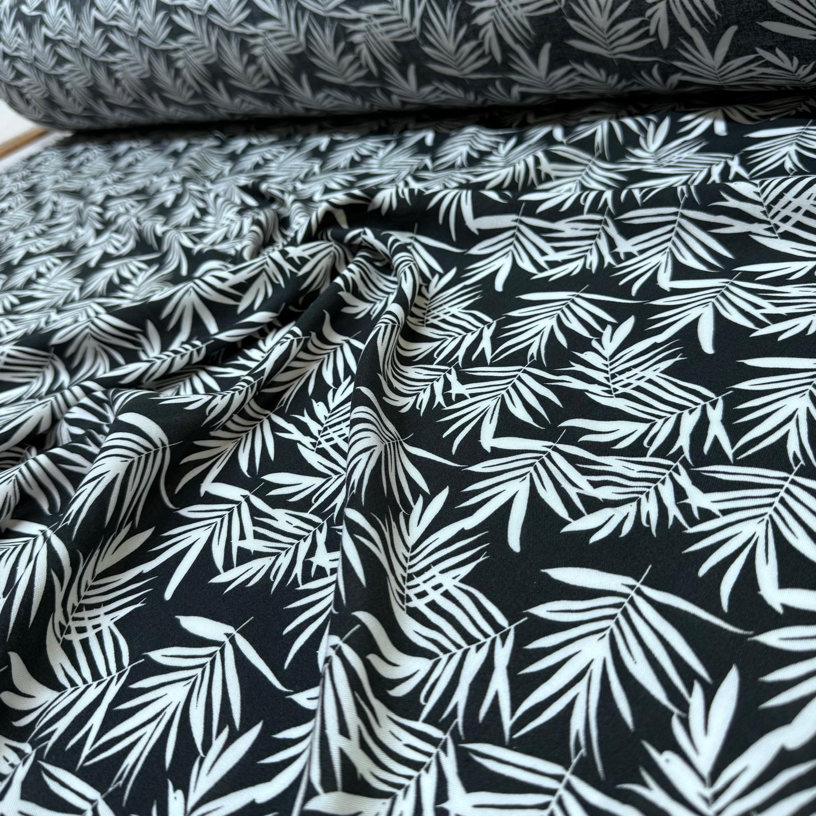 İthal Viskon Kumaş %100 Pamuk Çift En Yaprak Desenli Siyah Renk