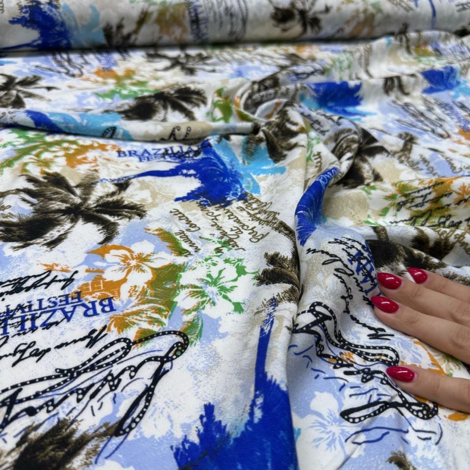 İthal Viskon Kumaş %100 Pamuk Çift En Mavi Renk Yaz Temalı