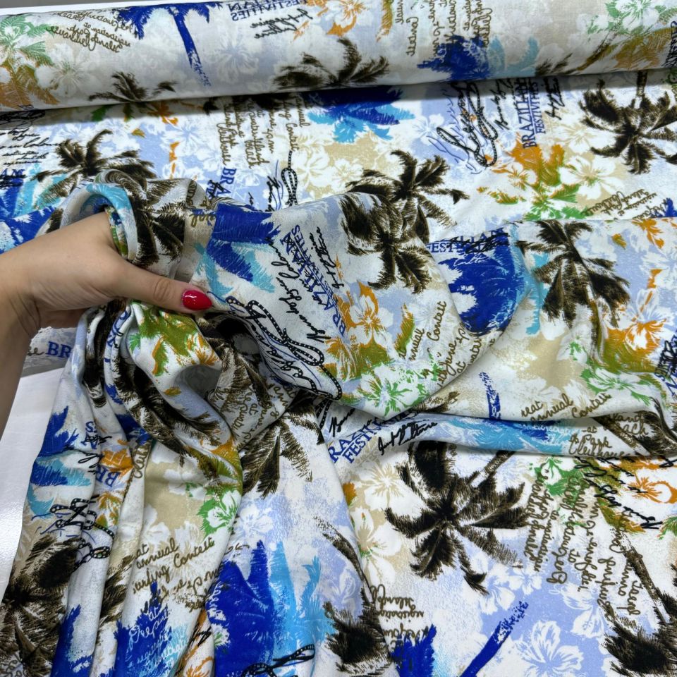 İthal Viskon Kumaş %100 Pamuk Çift En Mavi Renk Yaz Temalı