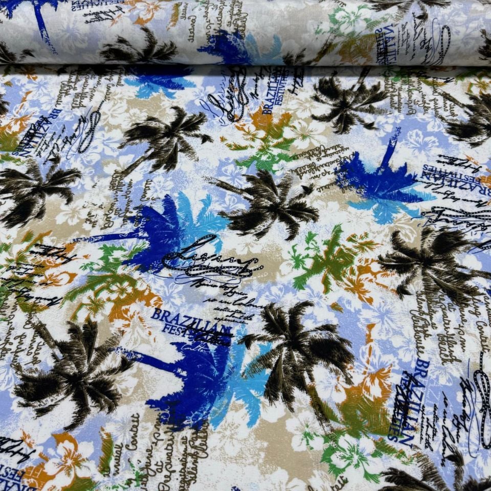 İthal Viskon Kumaş %100 Pamuk Çift En Mavi Renk Yaz Temalı