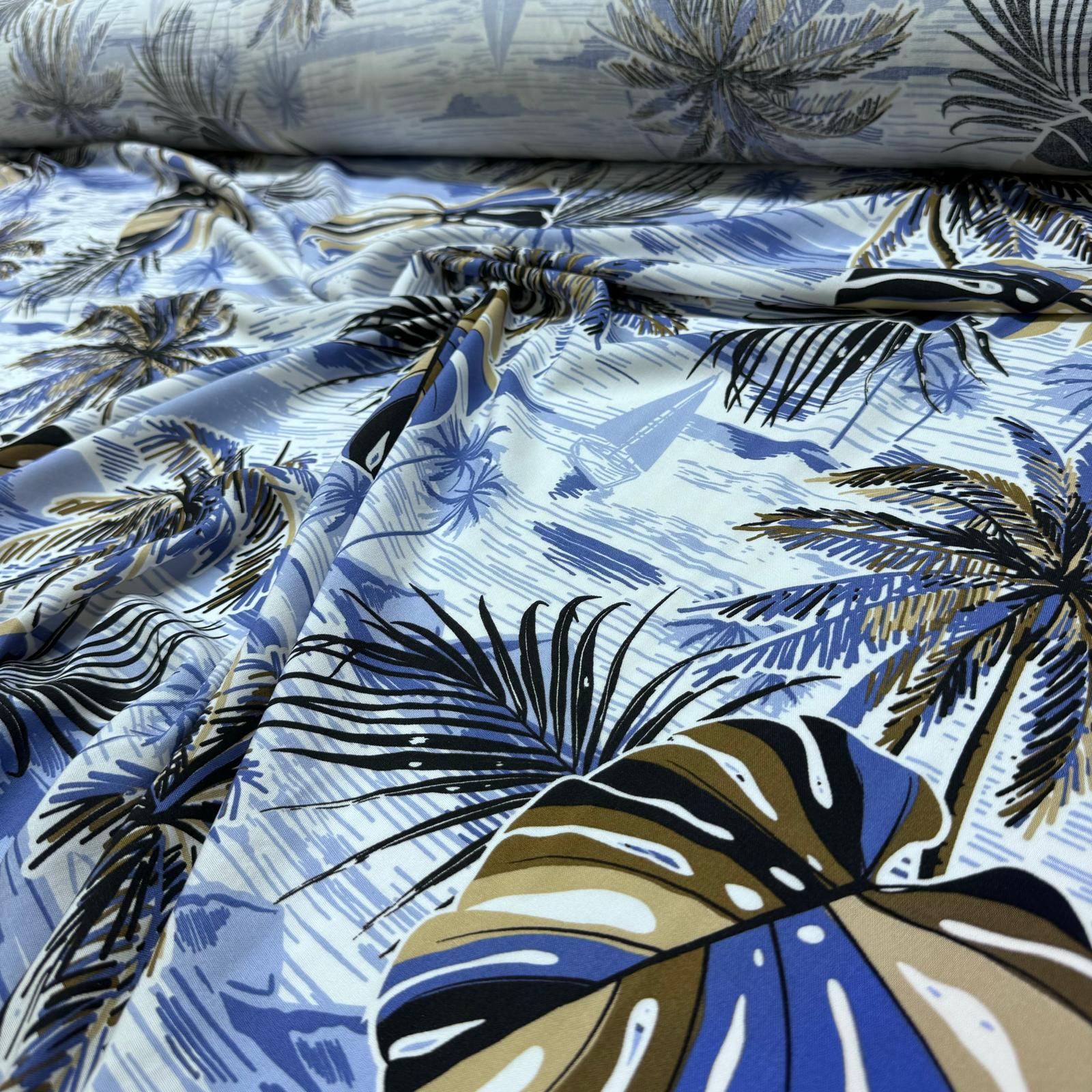 İthal Viskon Kumaş %100 Pamuk Çift En Canlı Mavi Renk Yaprak Desenli