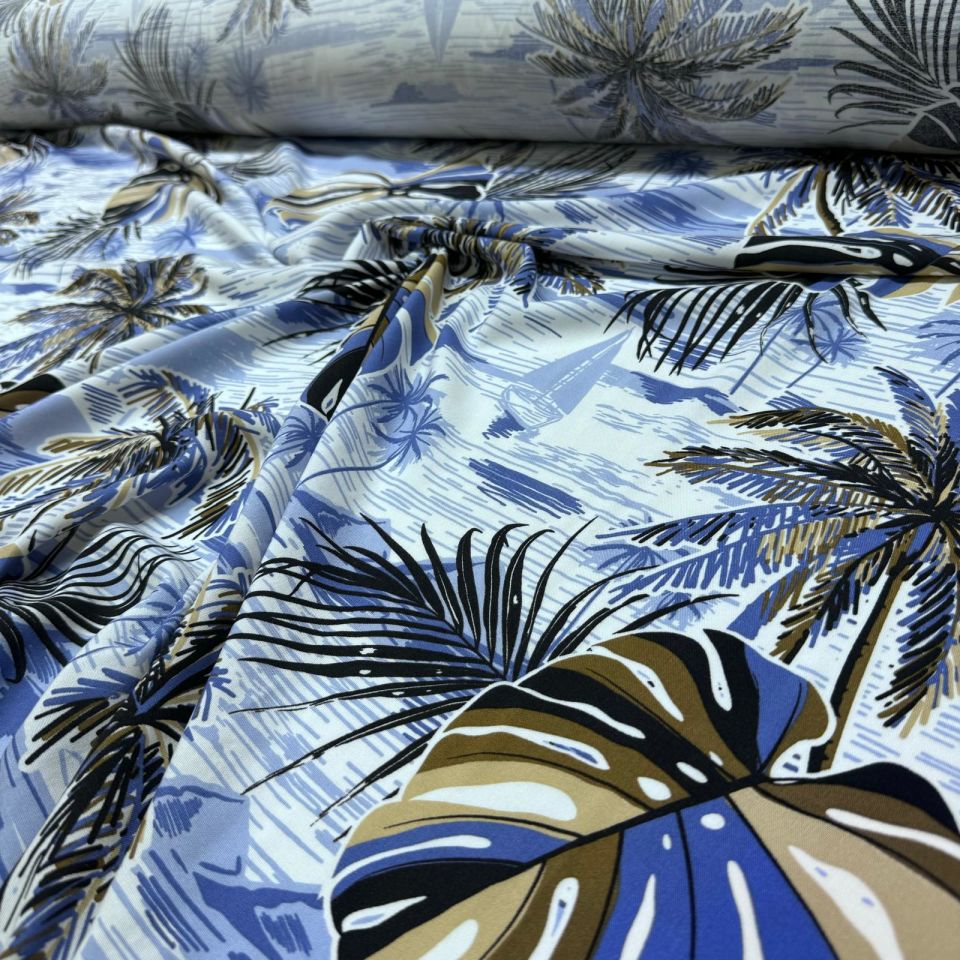 İthal Viskon Kumaş %100 Pamuk Çift En Canlı Mavi Renk Yaprak Desenli