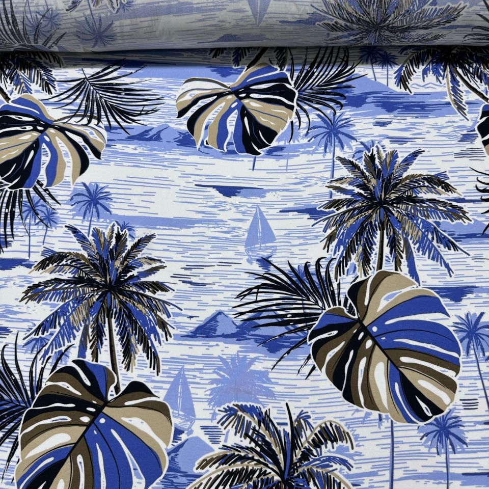 İthal Viskon Kumaş %100 Pamuk Çift En Canlı Mavi Renk Yaprak Desenli