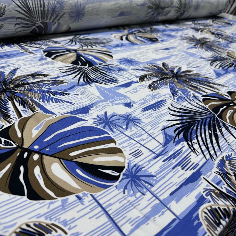 İthal Viskon Kumaş %100 Pamuk Çift En Canlı Mavi Renk Yaprak Desenli