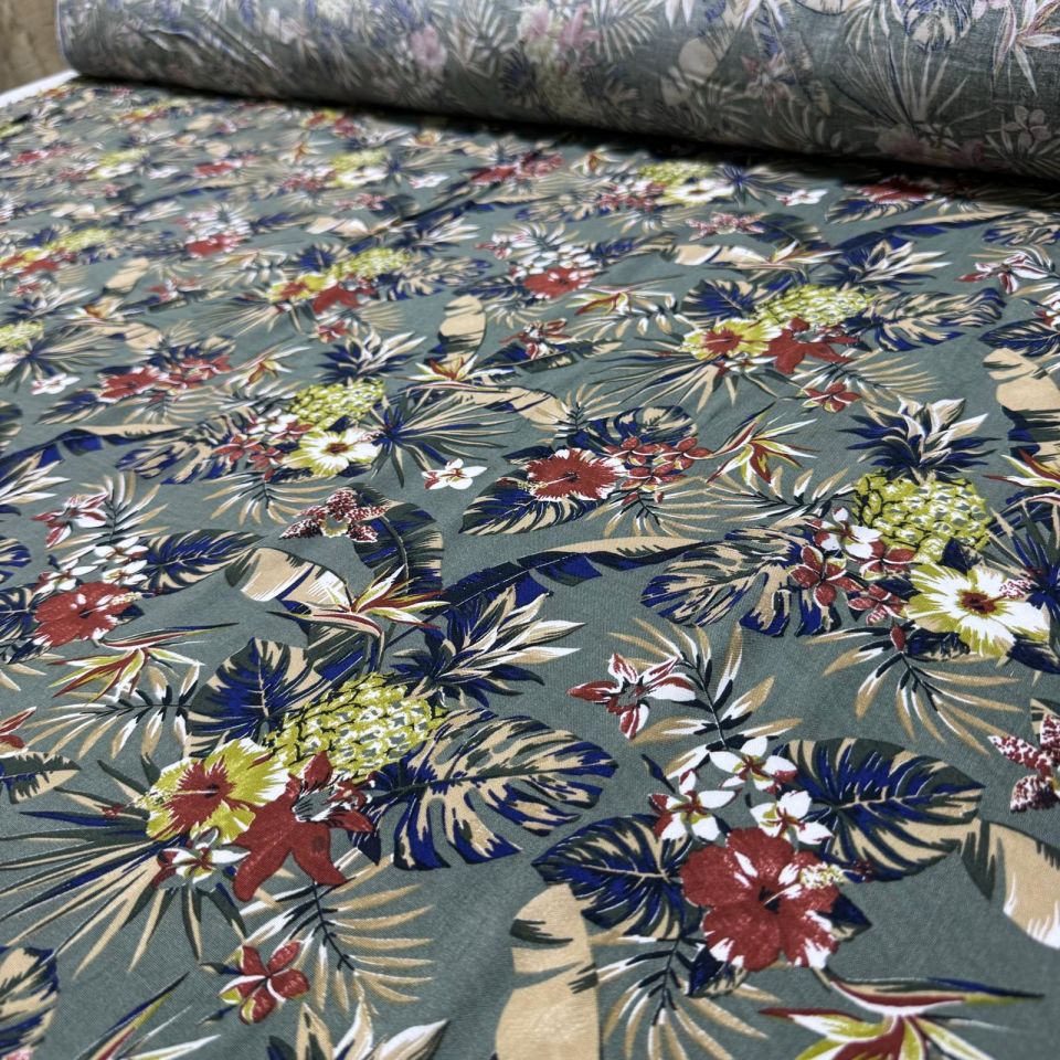 İthal Viskon Kumaş %100 Pamuk Çift En Yeşil Renk Çiçek&Yaprak Desen