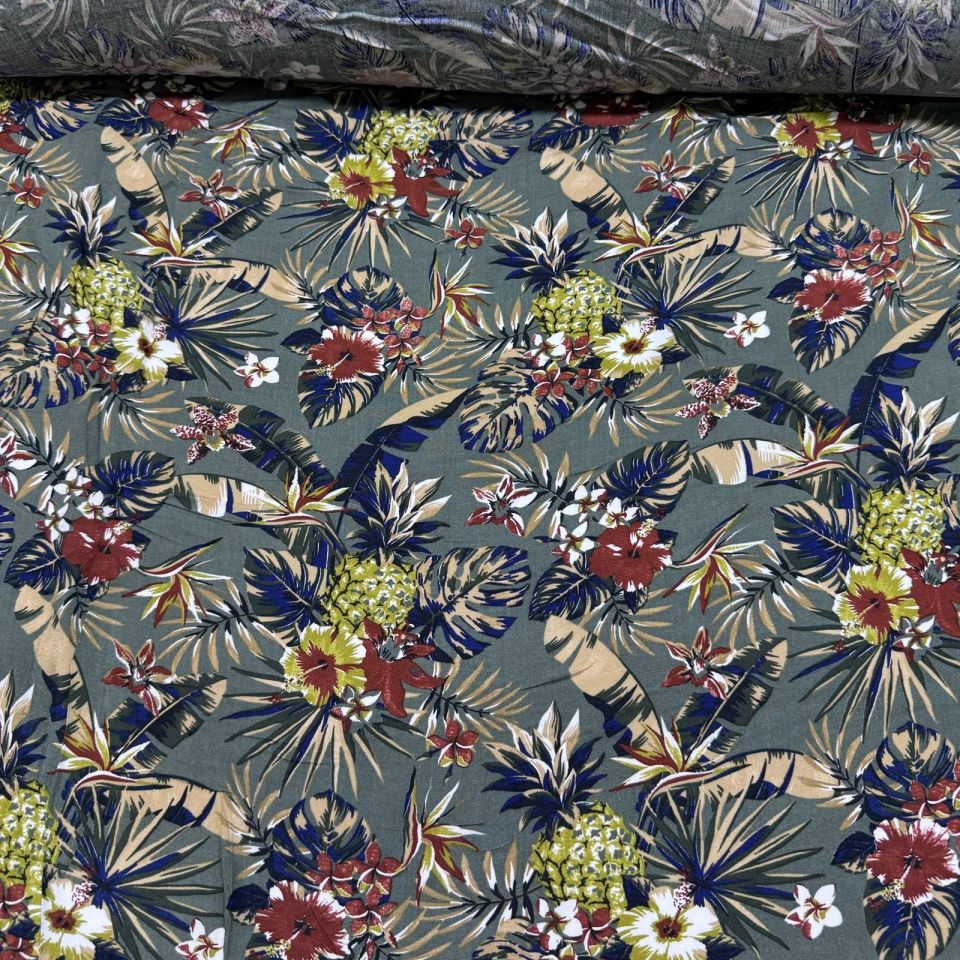 İthal Viskon Kumaş %100 Pamuk Çift En Yeşil Renk Çiçek&Yaprak Desen