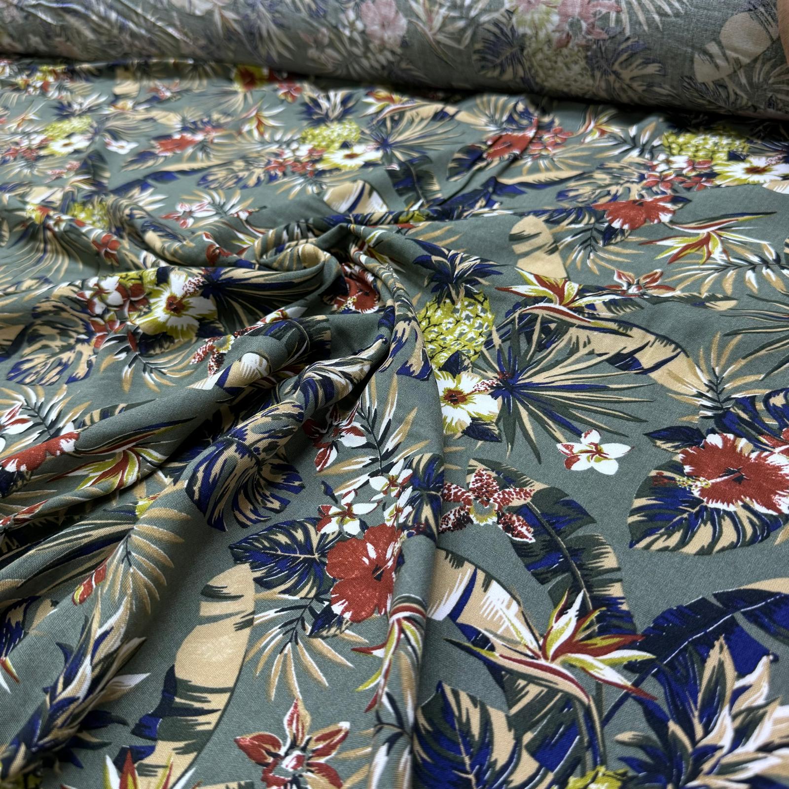 İthal Viskon Kumaş %100 Pamuk Çift En Yeşil Renk Çiçek&Yaprak Desen