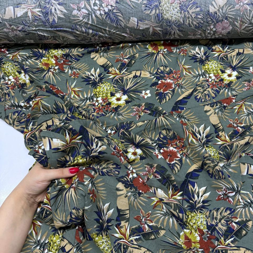 İthal Viskon Kumaş %100 Pamuk Çift En Yeşil Renk Çiçek&Yaprak Desen