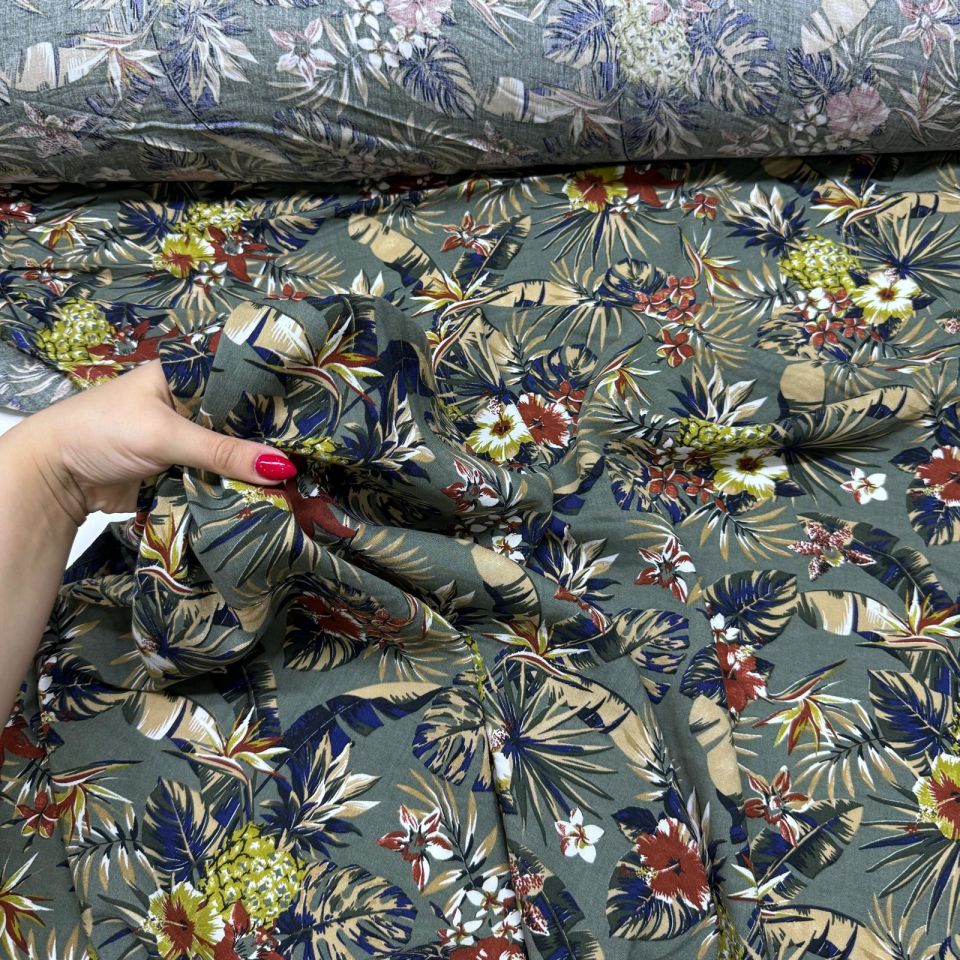 İthal Viskon Kumaş %100 Pamuk Çift En Yeşil Renk Çiçek&Yaprak Desen