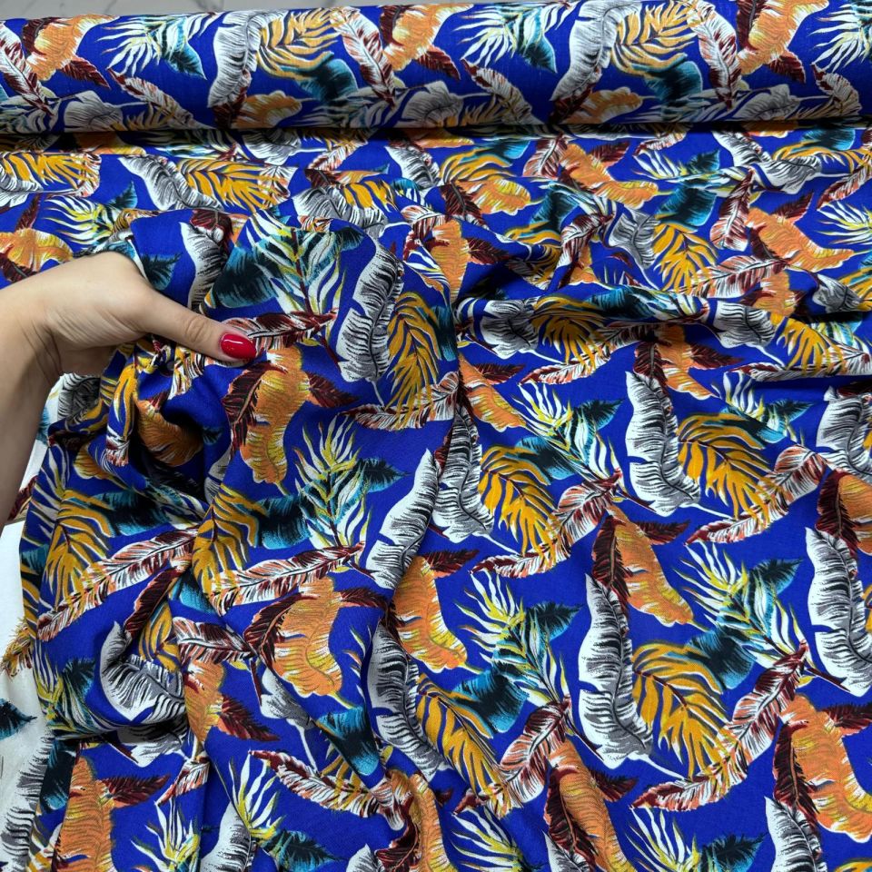 İthal Viskon Kumaş %100 Pamuk Çift En Mavi Turuncu Yaprak Desen