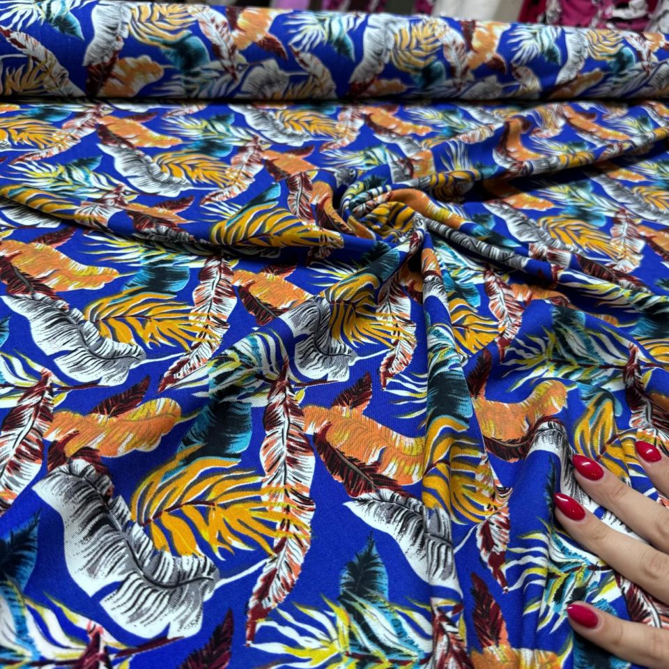 İthal Viskon Kumaş %100 Pamuk Çift En Mavi Turuncu Yaprak Desen