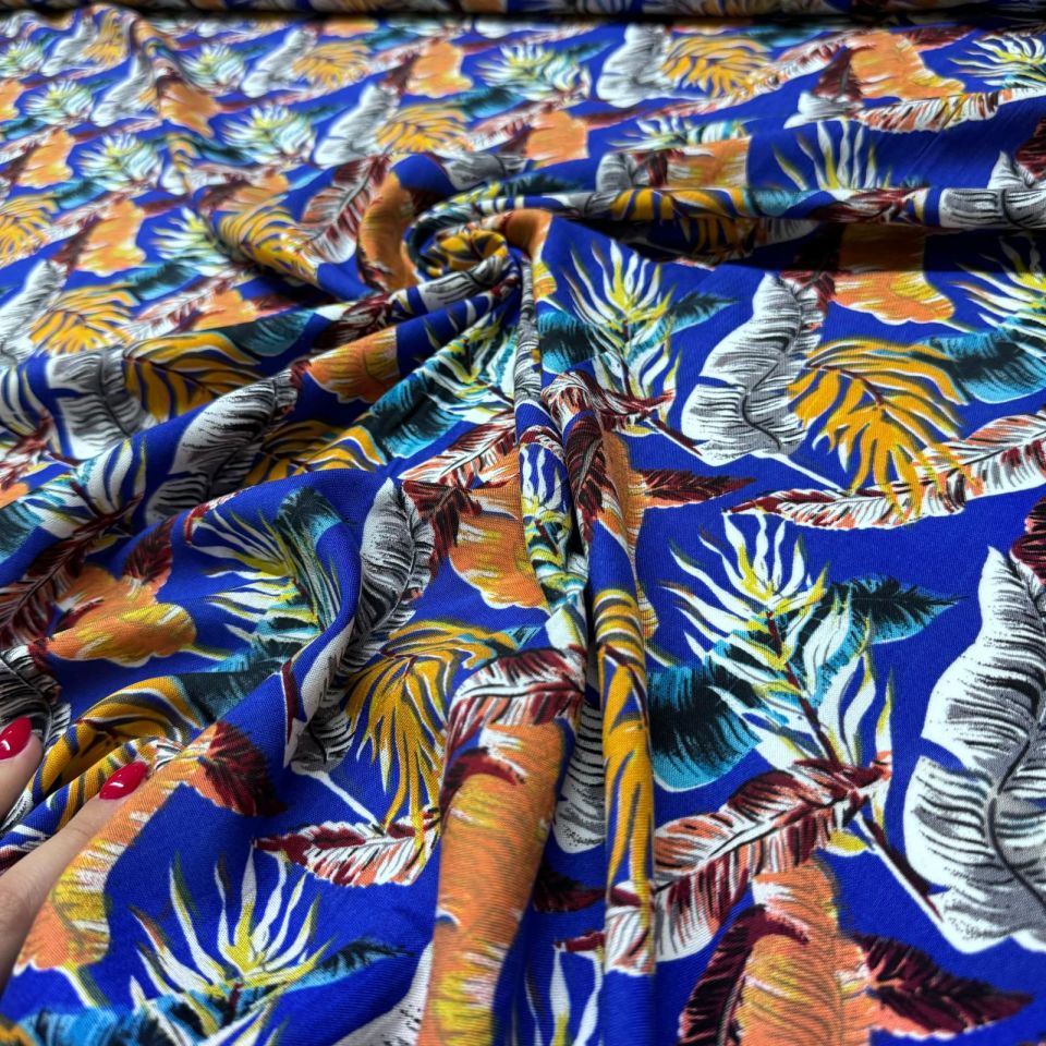 İthal Viskon Kumaş %100 Pamuk Çift En Mavi Turuncu Yaprak Desen