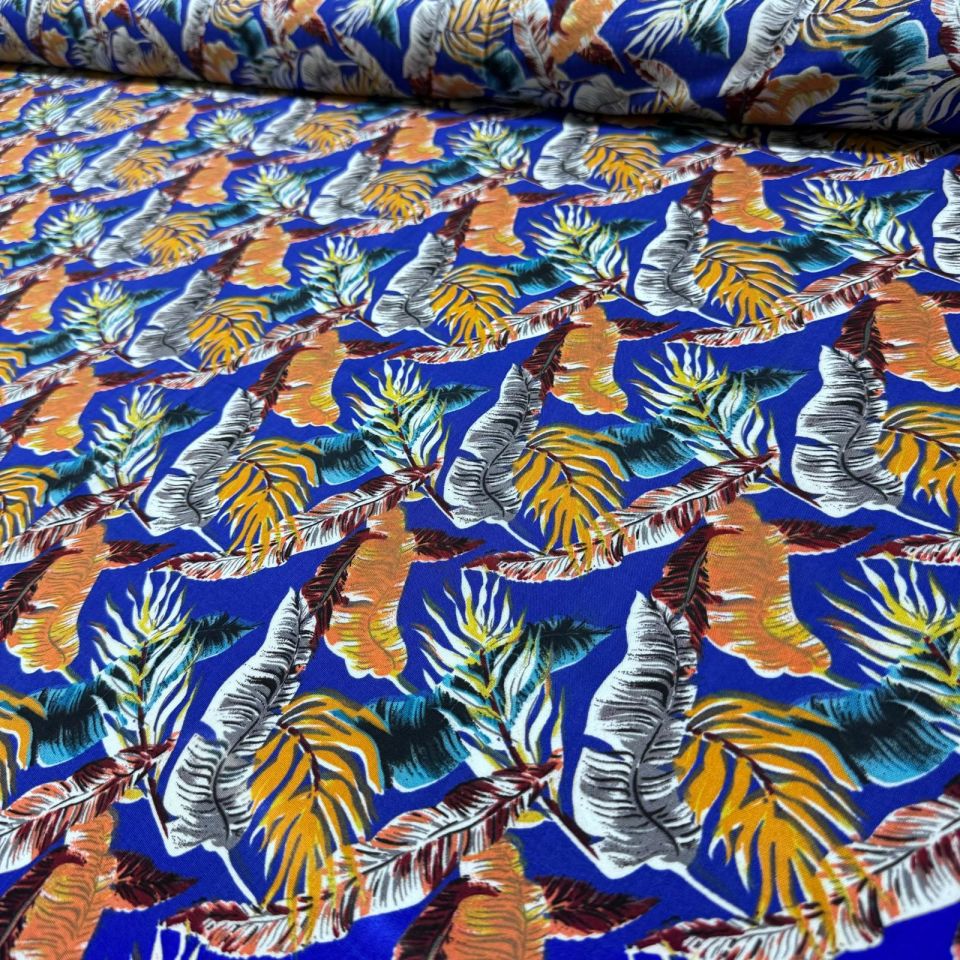 İthal Viskon Kumaş %100 Pamuk Çift En Mavi Turuncu Yaprak Desen
