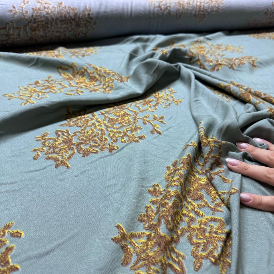 İthal Viskon Kumaş Damask Desen Motifli %100 Pamuk Çift En Mint Yeşili Renk