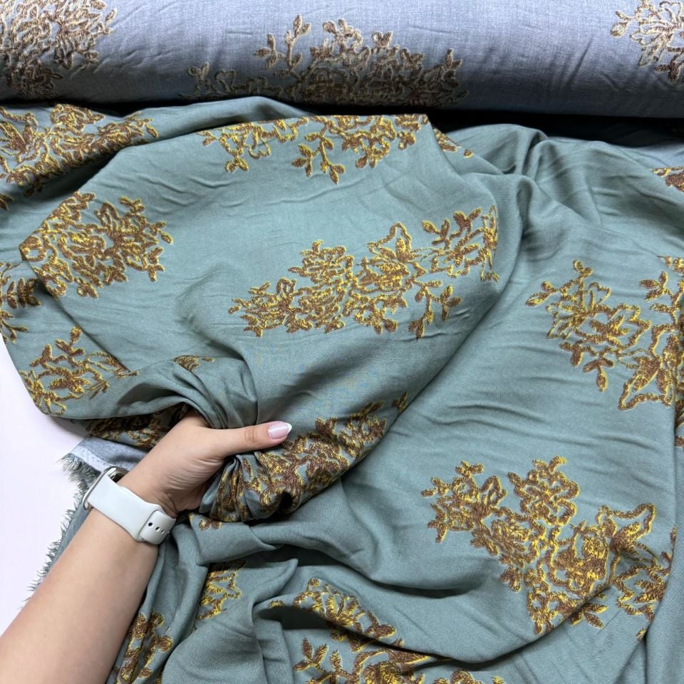 İthal Viskon Kumaş Damask Desen Motifli %100 Pamuk Çift En Mint Yeşili Renk