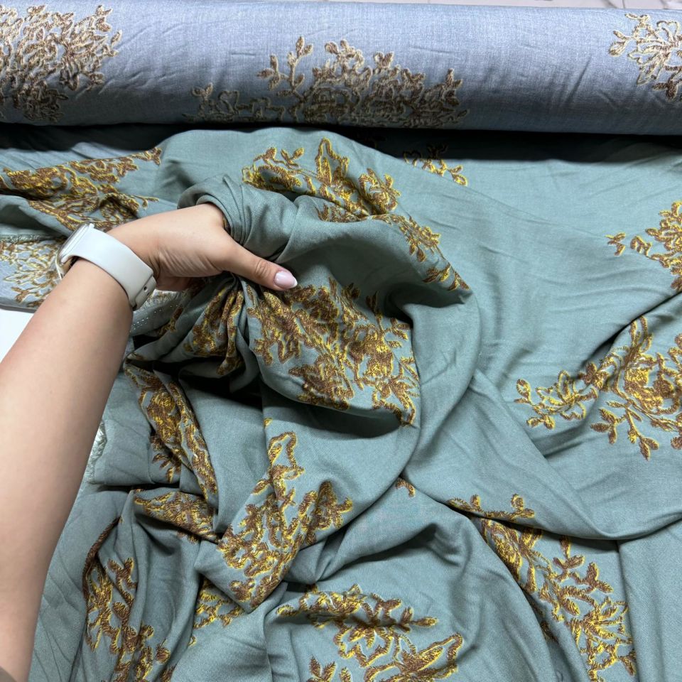 İthal Viskon Kumaş Damask Desen Motifli %100 Pamuk Çift En Mint Yeşili Renk