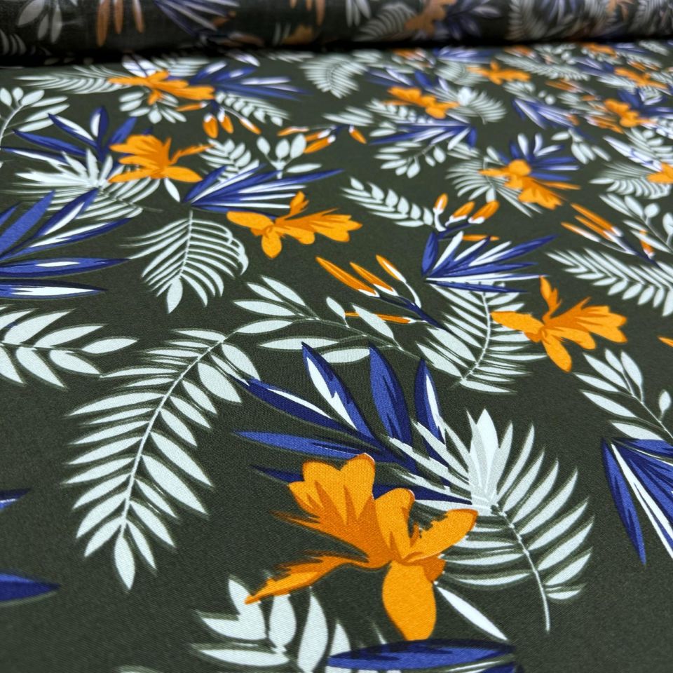 İthal Viskon Kumaş %100 Pamuk Çift En Yeşil Turuncu Renk Çiçek Desenli