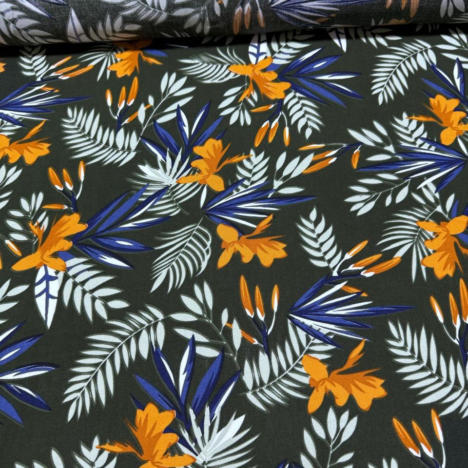 İthal Viskon Kumaş %100 Pamuk Çift En Yeşil Turuncu Renk Çiçek Desenli