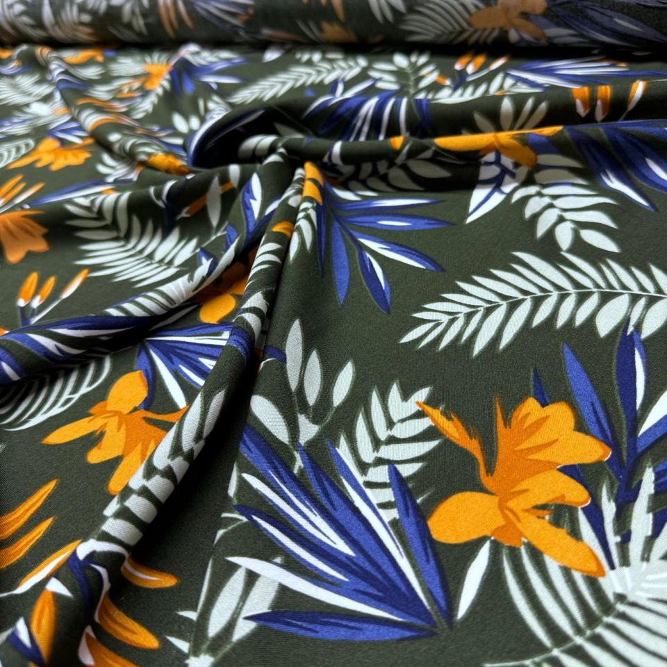 İthal Viskon Kumaş %100 Pamuk Çift En Yeşil Turuncu Renk Çiçek Desenli