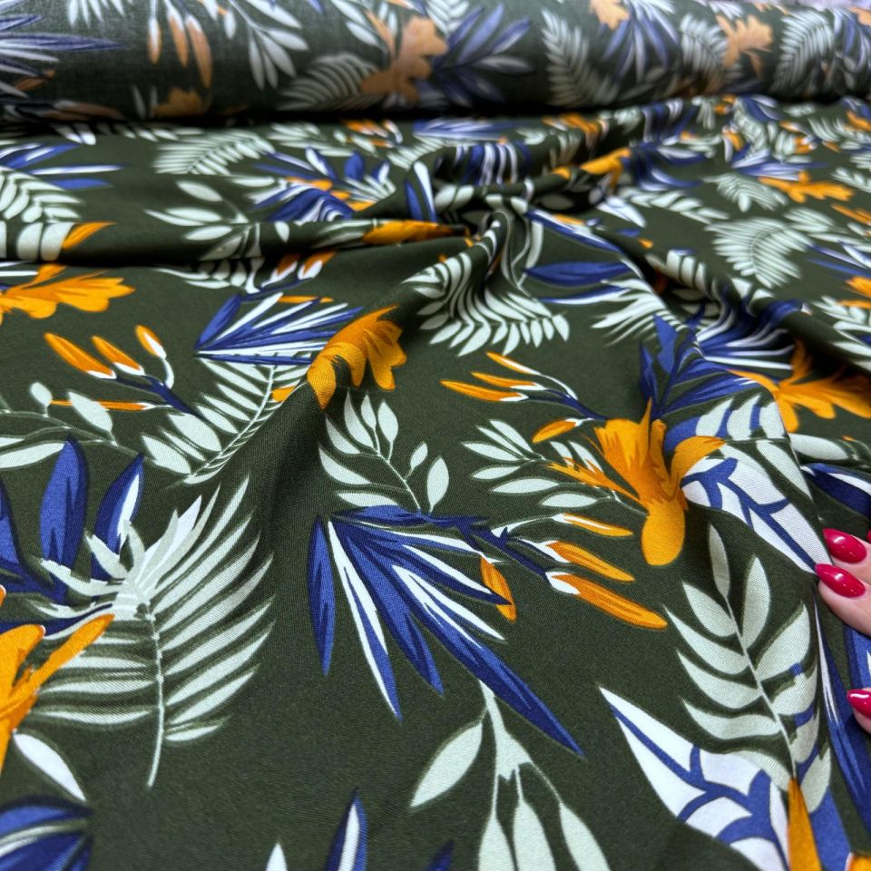 İthal Viskon Kumaş %100 Pamuk Çift En Yeşil Turuncu Renk Çiçek Desenli