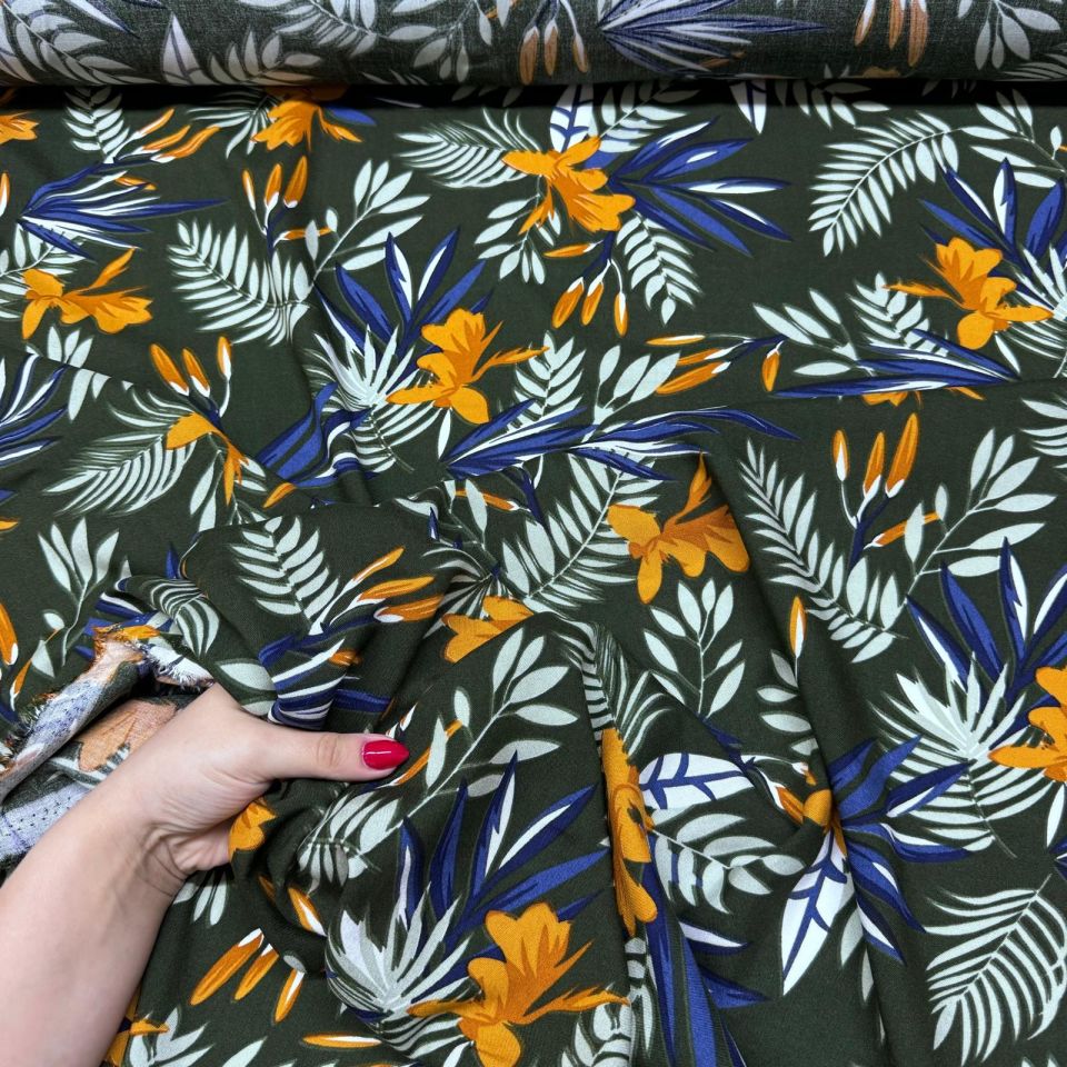 İthal Viskon Kumaş %100 Pamuk Çift En Yeşil Turuncu Renk Çiçek Desenli