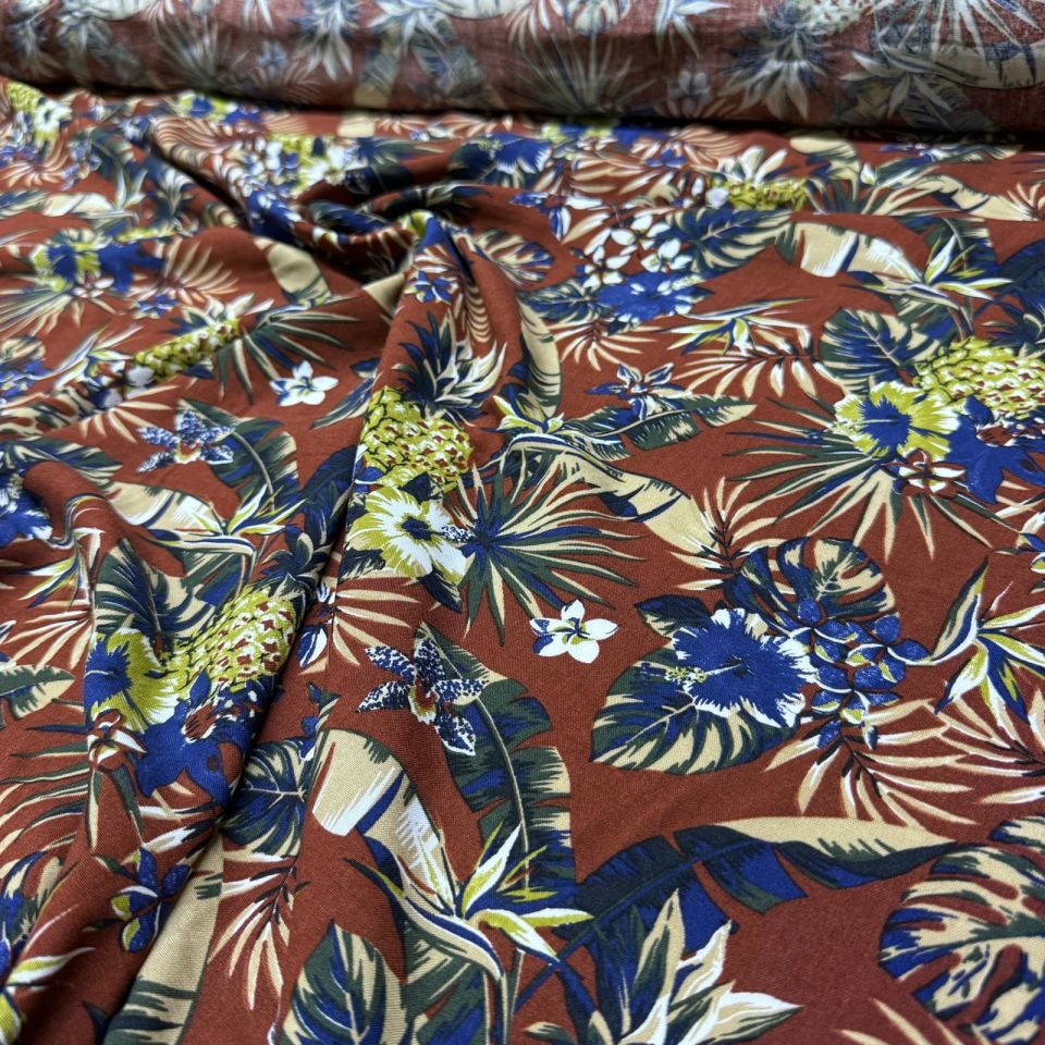 İthal Viskon Kumaş %100 Pamuk Çift En Taba Renk Çiçek&Yaprak Desen