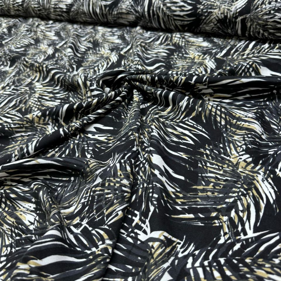 İthal Viskon Kumaş %100 Pamuk Çift En Siyah Yaprak Desenli