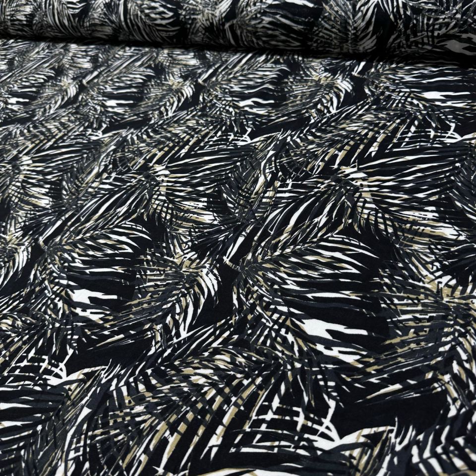 İthal Viskon Kumaş %100 Pamuk Çift En Siyah Yaprak Desenli