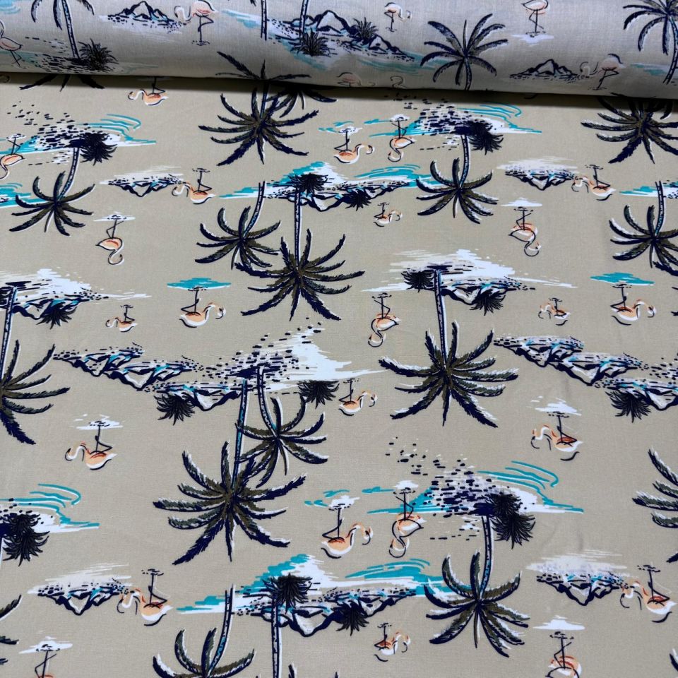 İthal Viskon Kumaş %100 Pamuk Çift En Flamingo & Palmiye Desenli Krem Renk