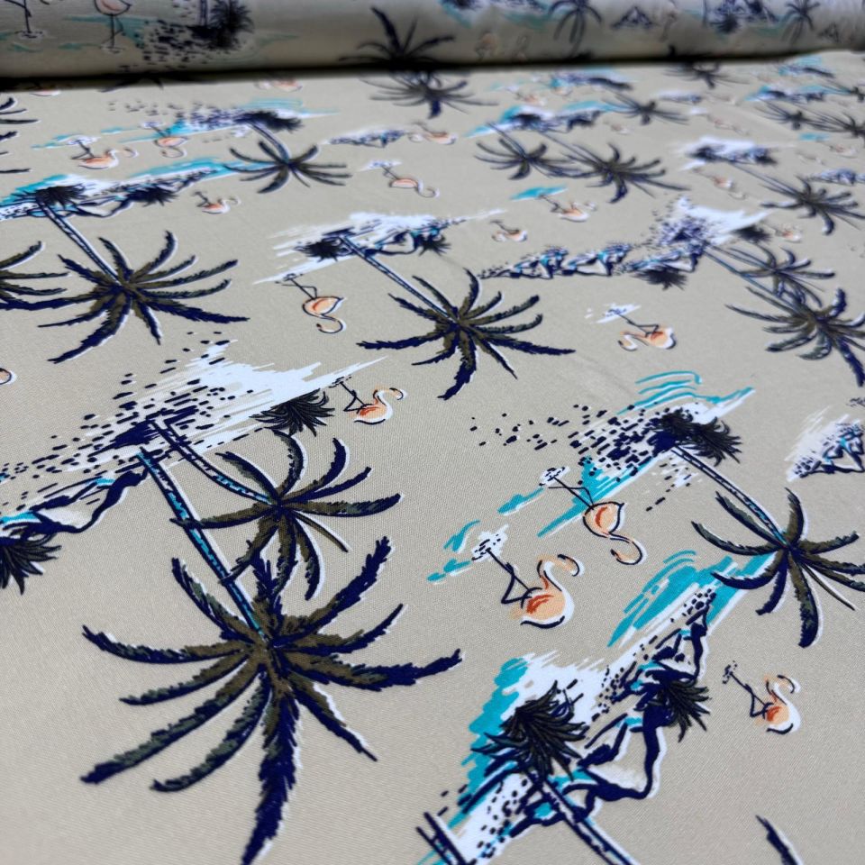 İthal Viskon Kumaş %100 Pamuk Çift En Flamingo & Palmiye Desenli Krem Renk