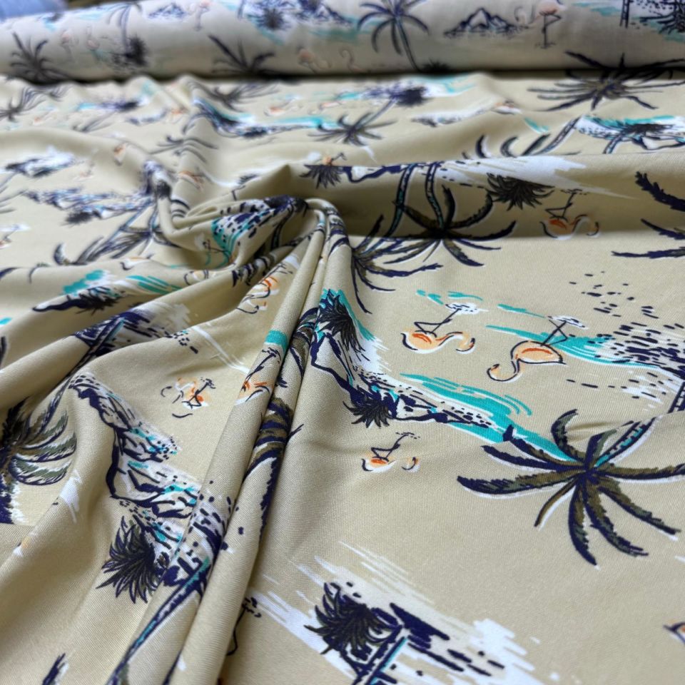 İthal Viskon Kumaş %100 Pamuk Çift En Flamingo & Palmiye Desenli Krem Renk